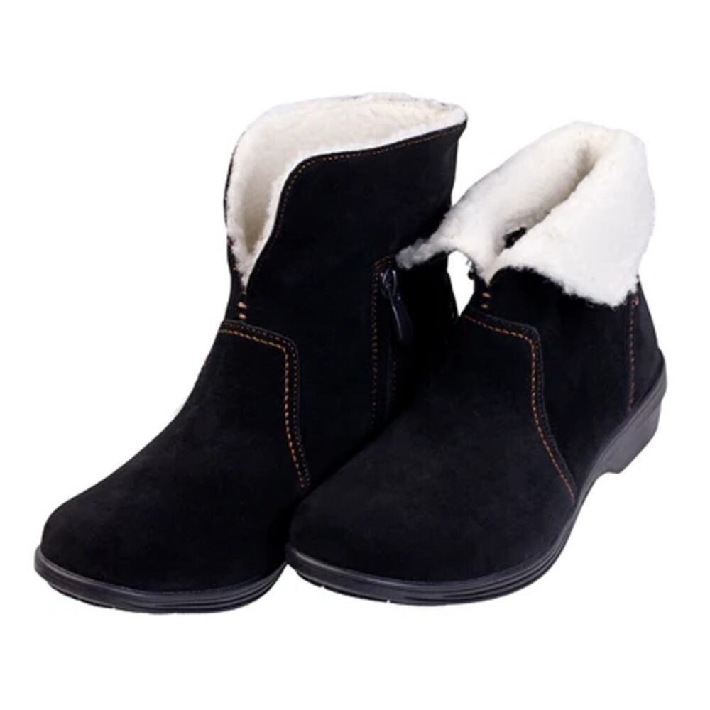 Spenco Womens Sun Valley Ankle Boots US 5.5 Wide Black Suede Sherpa Lined NIB